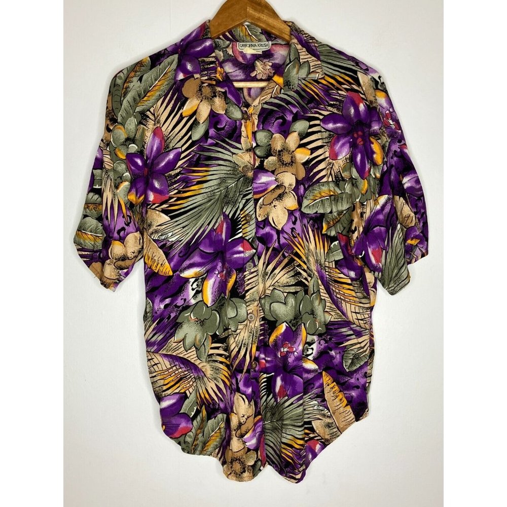 Vintage California Krush Women's Medium Floral Short Sleeve Button Blouse Top